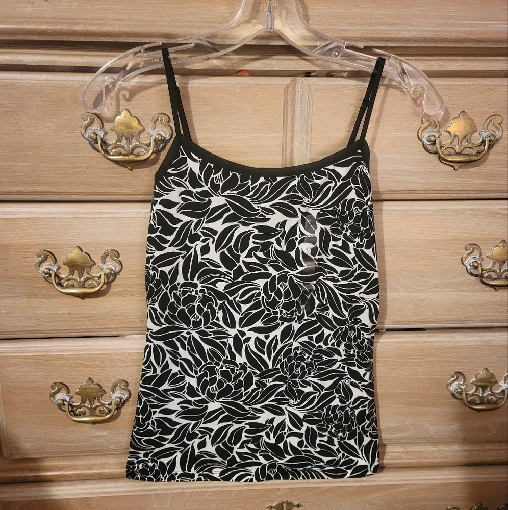 Ann Taylor Black & White Floral Tank Top XXS